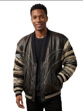 90s Saxony Genuine Leather & Suede 3D Knit Italian Coogi Style Cardigan / Blazer